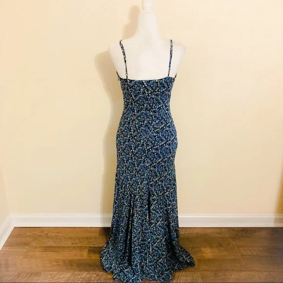 Vintage Cartise Dress Maxi Blue Black Floral Ruffled High Low Long Summer Small - Picture 6 of 12